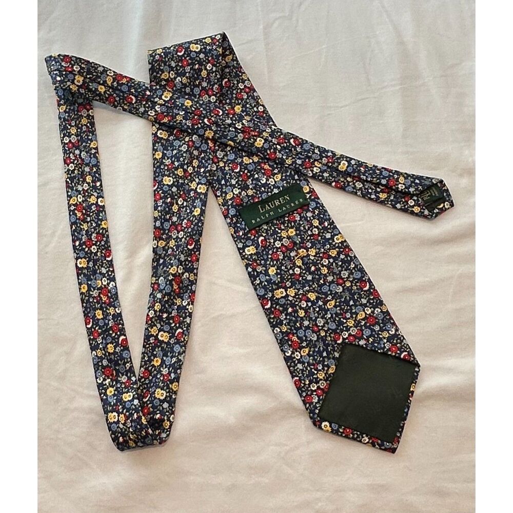 Vintage Lauren Ralph Lauren Silk Tie Navy Blue Calico Floral Ditsy Print 90s USA